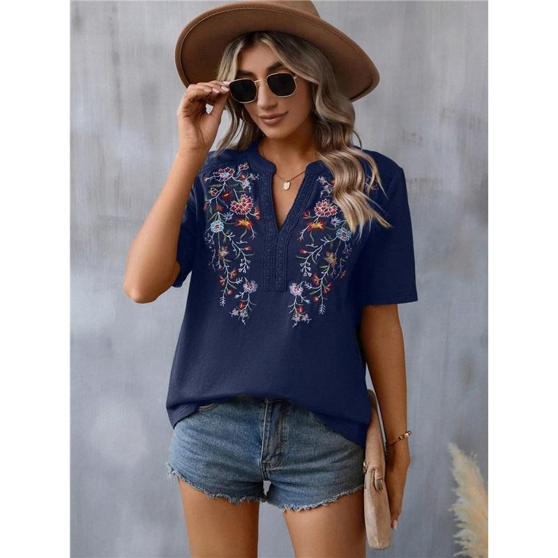 Sommer Neuer Stil Damen V-Ausschnitt Gestickte Spitze Bluse Locker Lässig Gestickte Kurzarm Tops
