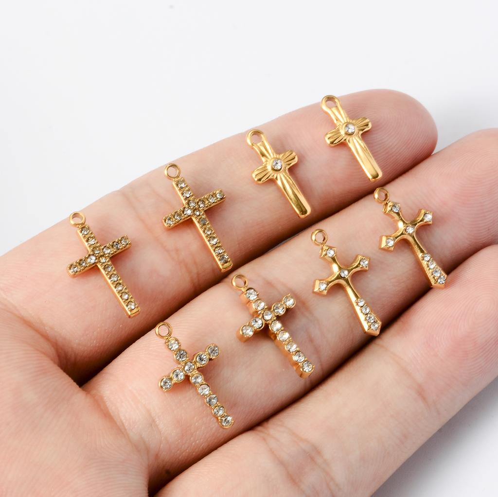 Wholesale 4Pcs Mini Rhinestone Cross Casting Charms Stainless Steel Jewelry Making Earring Pendant Necklace DIY Findings