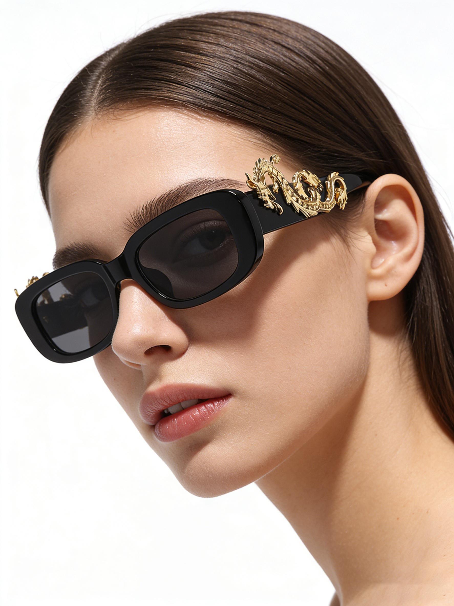 Attractive Glasses Women's Dragon Decor Rectangle Sunglasses For Vintage Uv400 Protection Luxury Y2k Fashion Shades Kj209