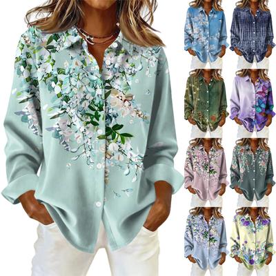 Dámská košile s knoflíky s květinovým potiskem, ležérní košile s dlouhým rukávem, halenky, ležérní základní topy plus size