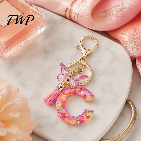Initial Letter Charm Keychain Pink Series Pendant, Sequins Heart Key Chain with Holder Pendant Butterfly Tassel Design, A-Z for Bag Purse Backpack