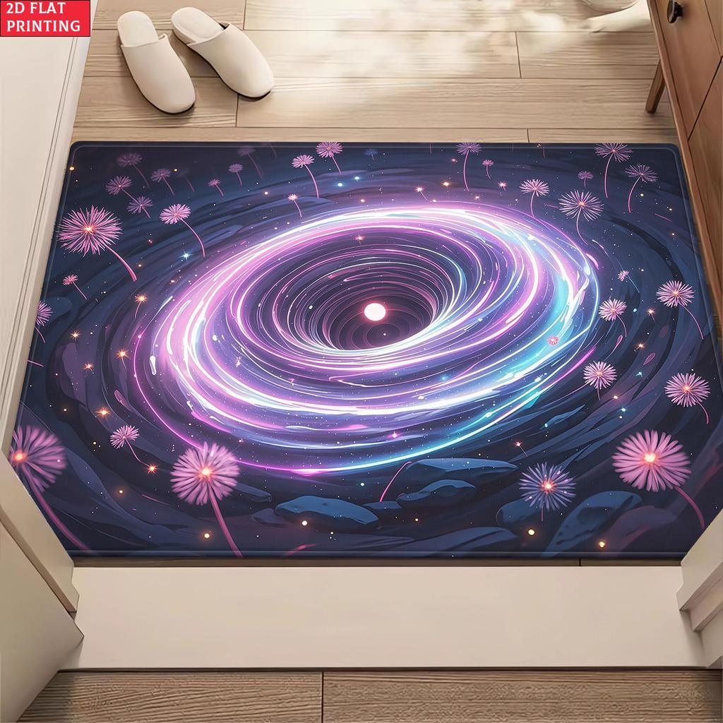 Aesthetic Dandelion Black Hole Area Rug, Purple Neon Galaxy Carpet for Living Room, Non-slip Space Floor Mat for Bedroom Decor