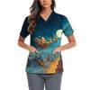 Women's Cute Bow Printed Work Clothes V-neck Double Layer Pockets Basic Short Sleeve Top Pullover