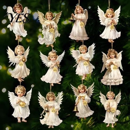 Wooden Angel Ornaments 24 Pcs Victorian Style Hanging Set, Golden Wings & White Dresses, Vintage Pendant Decorations Tree with Various Poses,