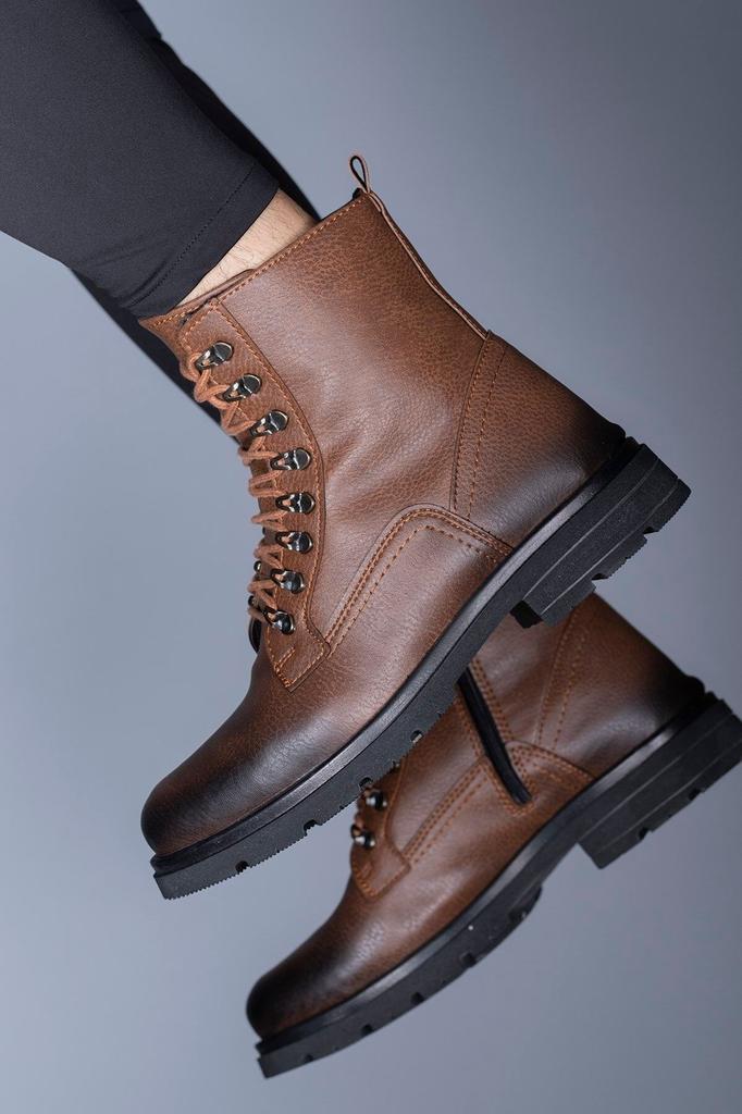 Men's Fashion Faux Leather Flat Heeled Bootie Brown Zipper Boots Shoes