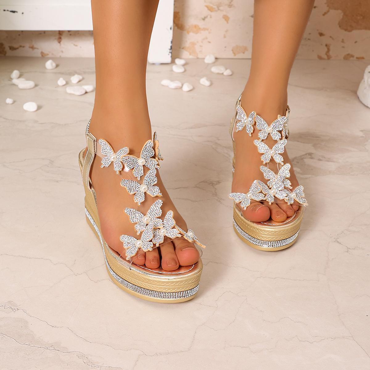 

Женские Сандалии Со Стразами Бабочками На Платформе Женская Модная Обувь На Слипоне На Танкетке Женская Легкая Обувь На Эластичной Резинке 36 золотой