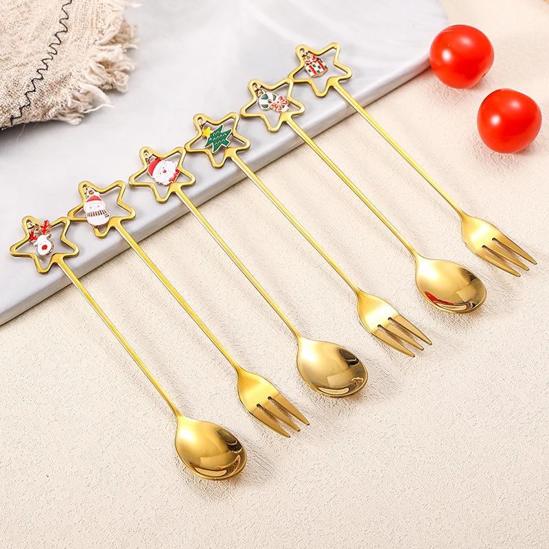 Stainless Steel Spoon Fork Cutlery Set Cute Christmas Pendant Dessert Spoon Coffee Stirrer Spoon Hand Accessory Cuchara Pequeña