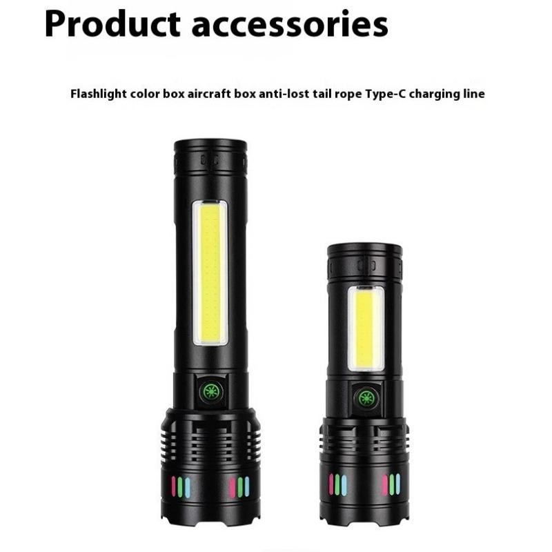 High Power LED Handheld Flashlight,5 Modes, Adjustable Beam, Type-C Fast Charging, Rechargeable Battery, Aluminum Alloy, with USB Cable