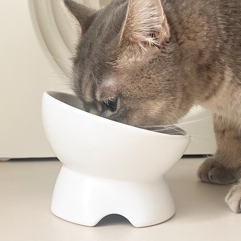 Creative Ceramic Tall Footed Drinking Water Food Bowls, Anti Overturning Neck Protection, Slanted Mouth, Cat Bowl, Supplies, 1Pc