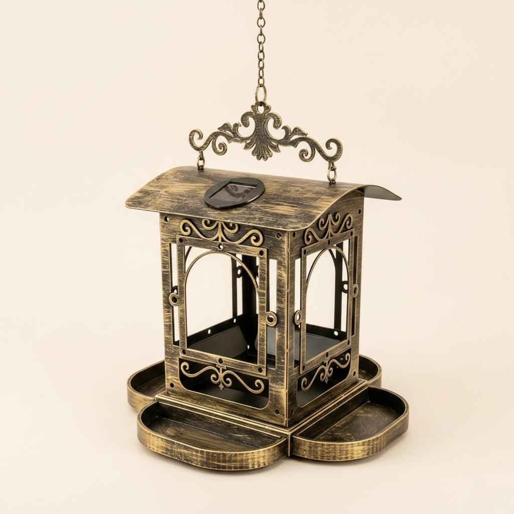 Vogelvoederhuisje met Zonne-energie Lamp Antiek Brons Schaal LantaarnStijl voor Tuiniers,