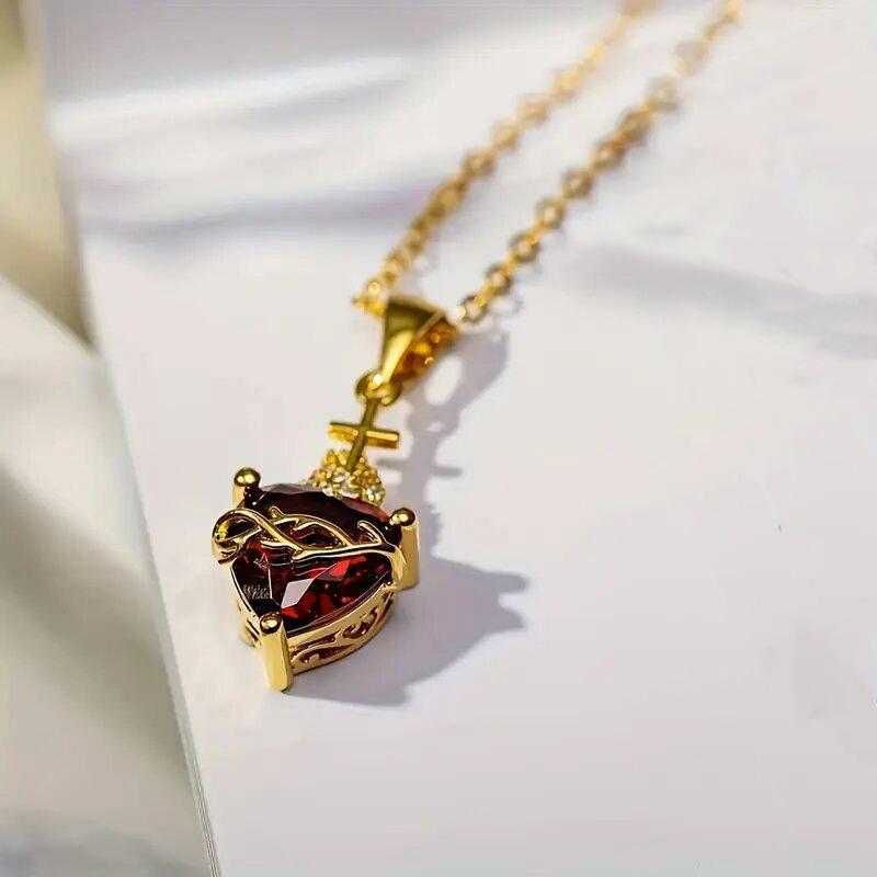 

New European and American Luxury Necklace for Women with A Sense of Luxury, Thorny Heart, Red Zircon Jewelry, and Headwear