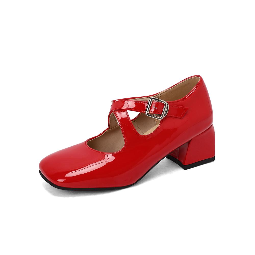 White Women Pumps Square Toe Non-slip Buckle Strap High Block Heel Plus size 45 48