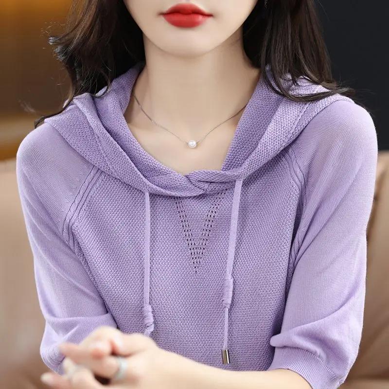 Women's Navy Blue Hooded Knit Top Half Sleeve Drawstring Casual Sweater