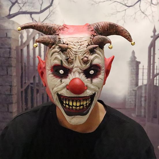 Realistic Halloween Mask Scary Devil Horns Mask, with Bell Decor, Breathable Comfortable Transparent Vision Latex Headgear, for Adult Cosplay