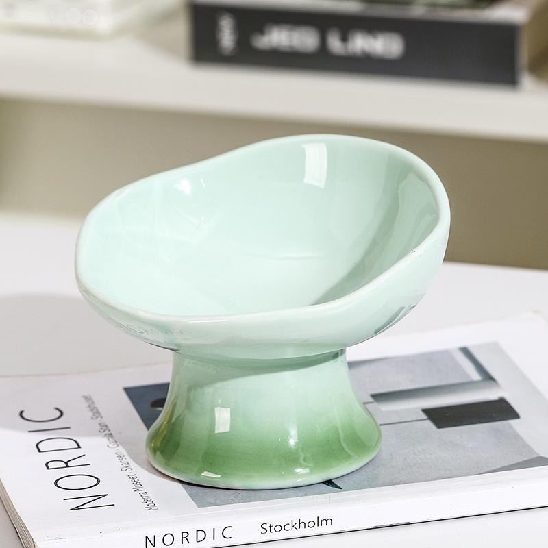 Ceramic Tall Footed Drinking Water Bowls, Anti Overturning Oblique Mouth, Neck Protection, Large Caliber Cat Bowl, Articles, 1Pc