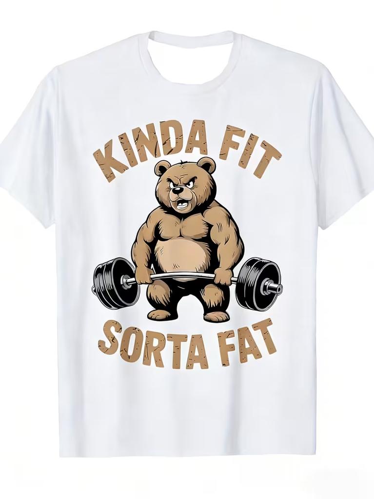 Bear weightlifting pure cotton Tshirt casual athletic retro men's fitness muscle white - Men's Summer Cotton Graphic Tee