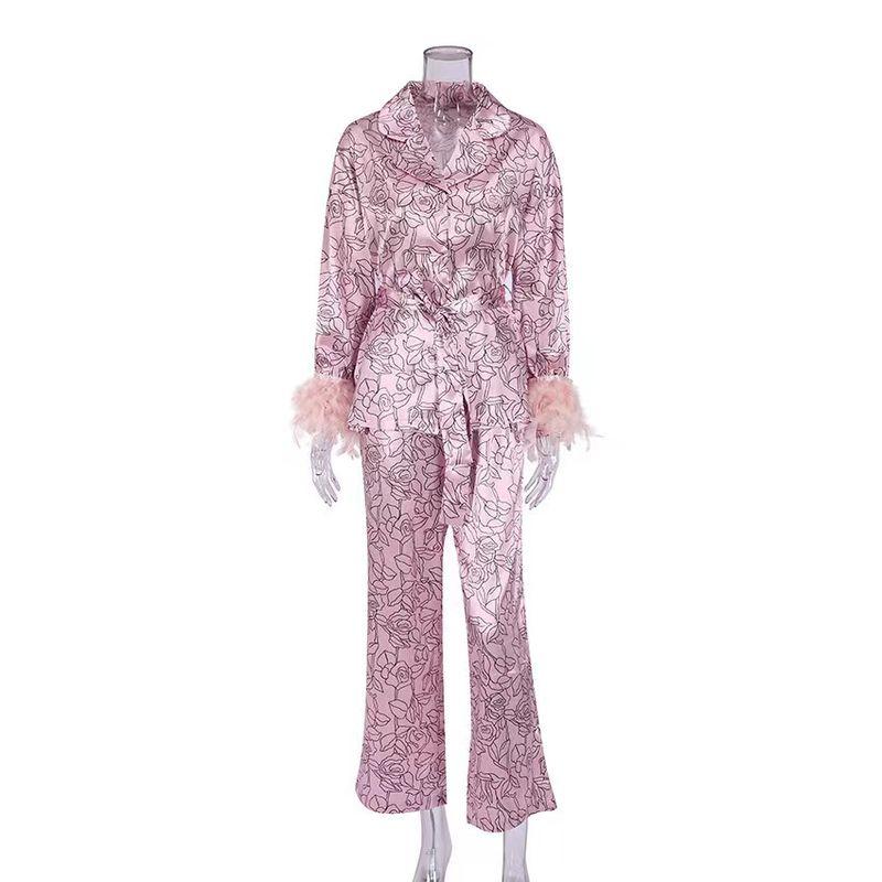 

Fashion Print Feather Silk-like Satin Loose Outfit Feather Print Top Trouser Set Printed L