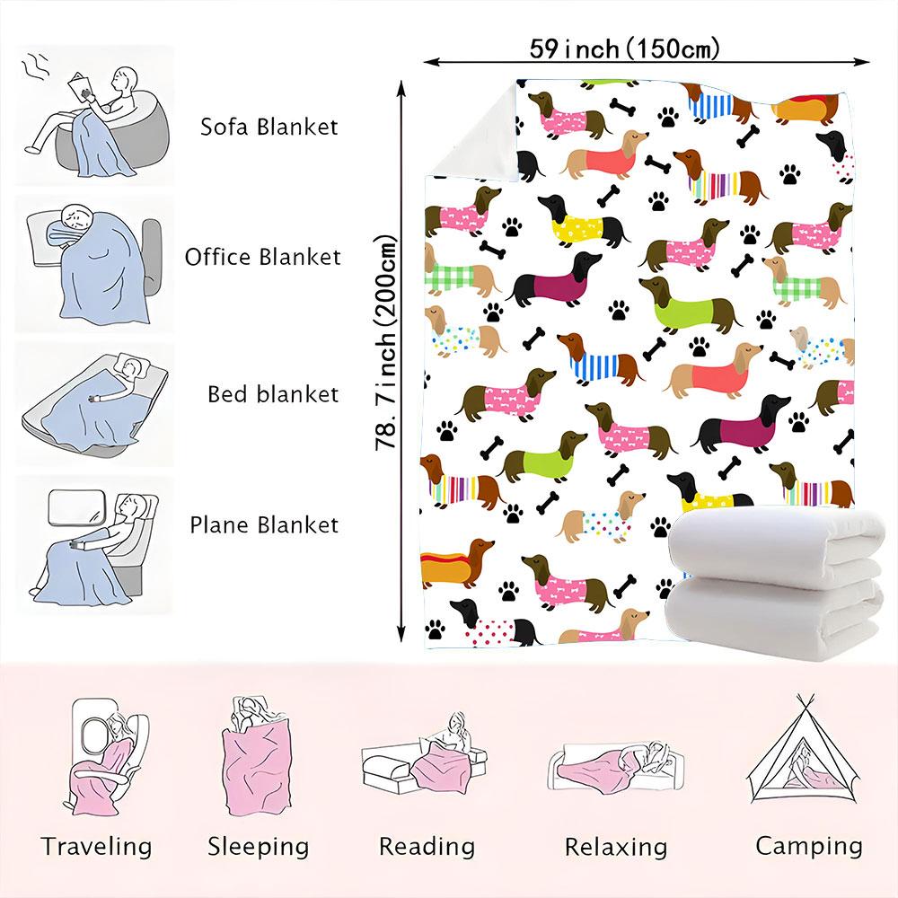 Dachshund Dog Print Blanket - Colorful, Whimsical Throw with Playful Dogs, Paw Prints & Bones, Ideal for Cozy Home Decor or G