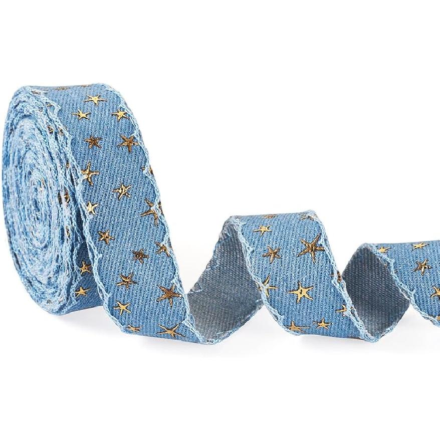 5 Yards Marine Blue Gold Foil Star Denim Ribbon for Clothes Accessories,3D Star Gold Stamping Jean Cloth Fabric Ribbon, 1 Inch Denim Cloth Ribbon for
