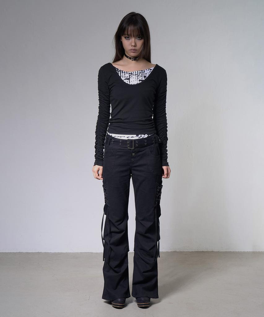 FANCY CLUB Double Layered Shirred Top (Black) F26Zb524