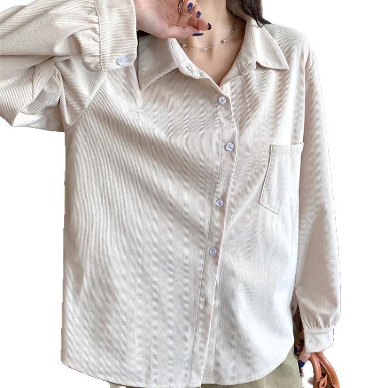 Plus Size Women's Retro Corduroy Shirt - Casual Long Sleeve BF Style for Spring & Autumn
