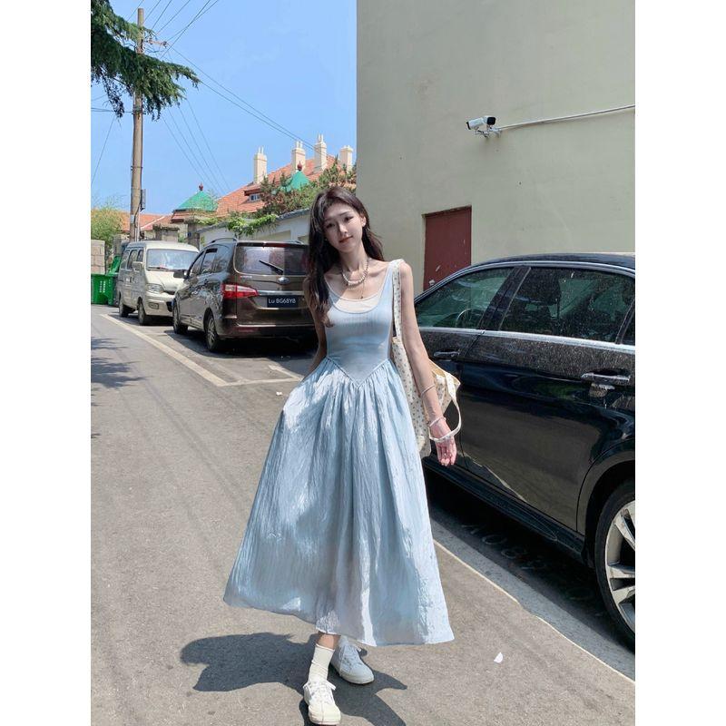 Kumikumi French Style Gentle Style Niche Vest Dress Women Summer Slim Fit Slimming Temperament Blue Large Swing Skirt