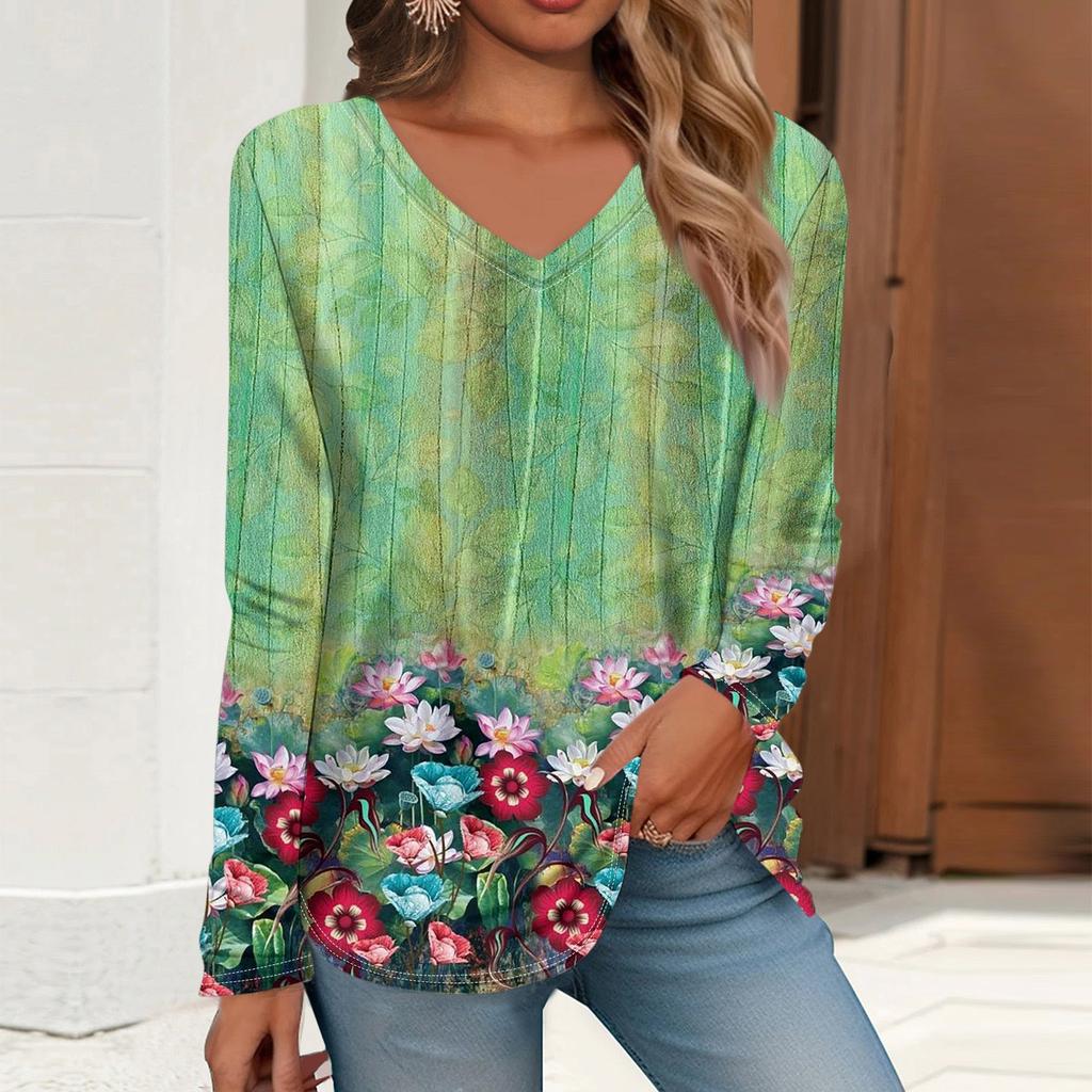 Women's T Shirt Retro Print Long Sleeve Daily Weekend Daily Basic V Neck Regular Fall Winter Tops