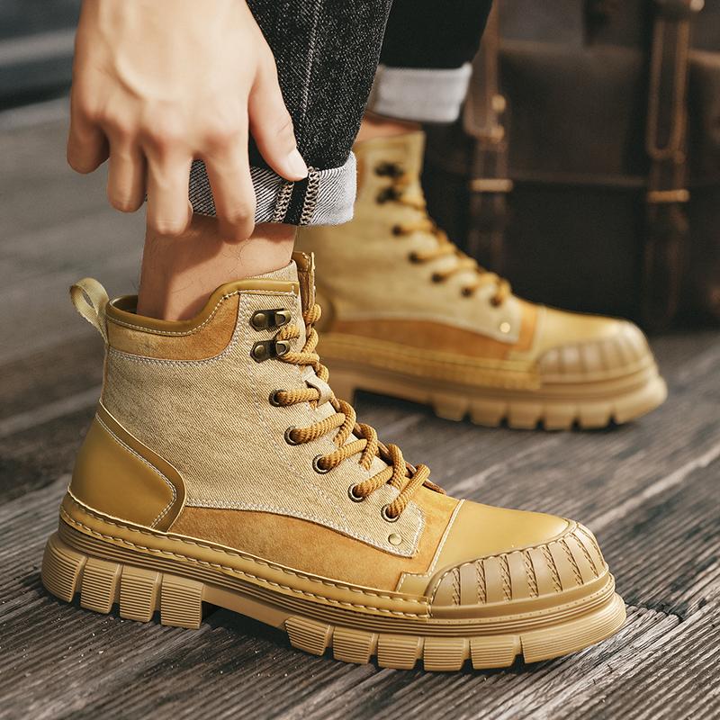 Fashion Outdoor Leather Mens Slip On Boots Platform Shoes Luxury Brand Men Winter Plush Snow Boots Fashion All-match Men Motocross Boots