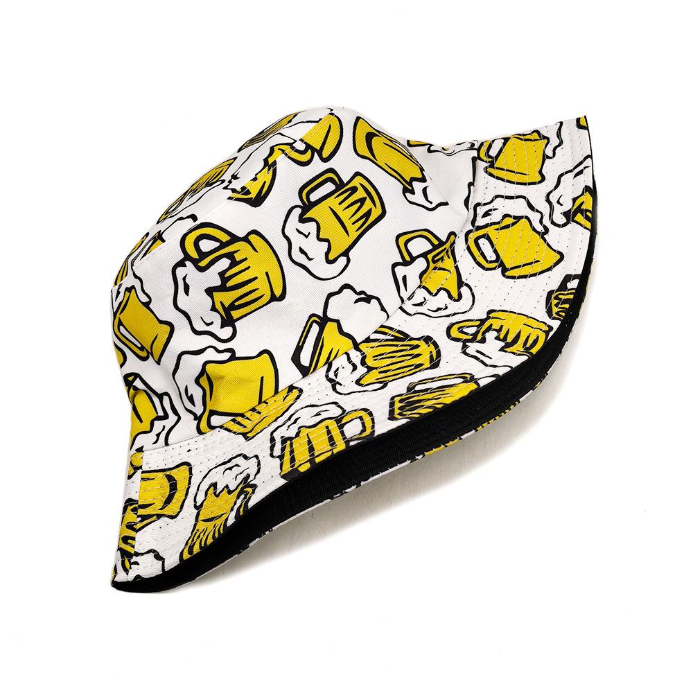 Cartoon Bier Emmerhoed Bier Print Patroon Vissershoeden Dubbelzijdig Polyester Panama Pet Unisex Buiten Strand Nieuw