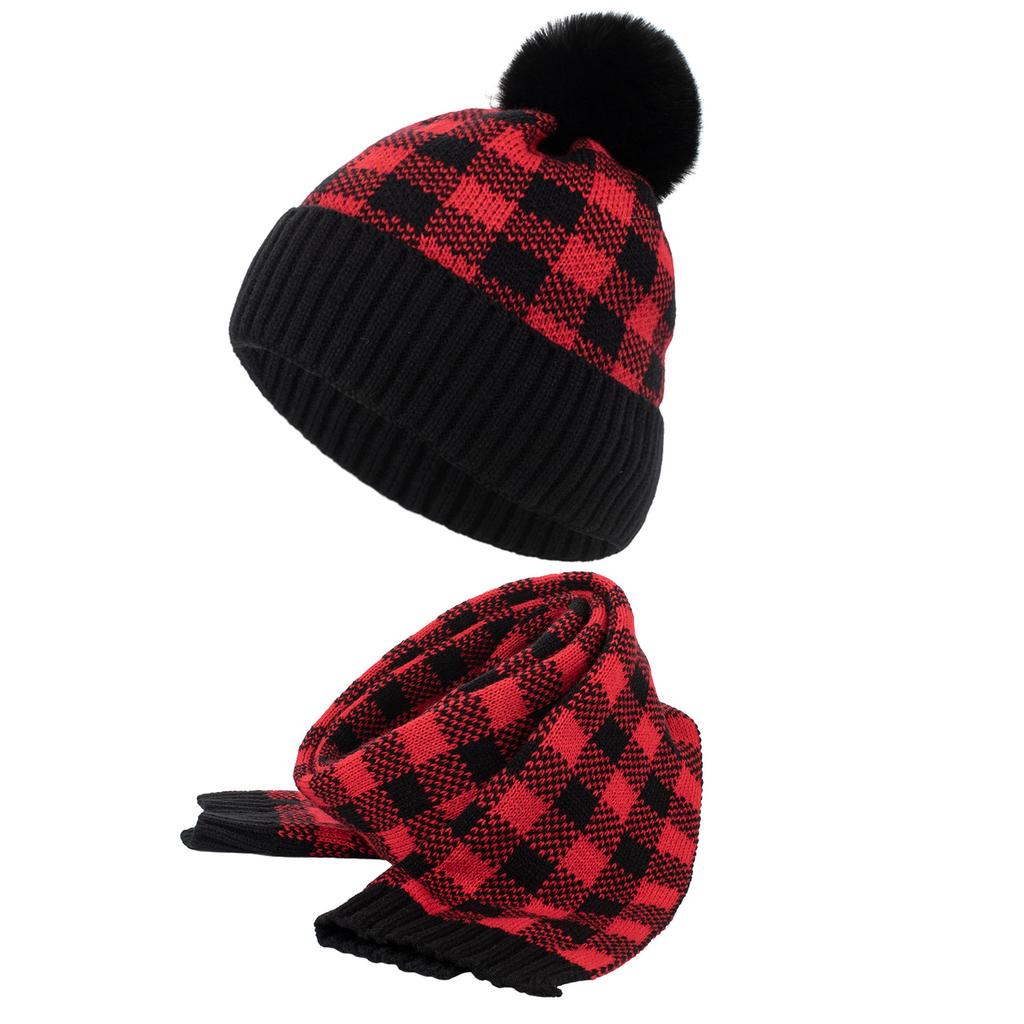 Autumn and winter new red and black plaid warm knitted winter hat pullover hat scarf set