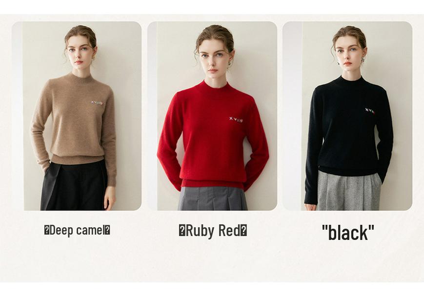 Women's Pure Cashmere Half-High Neck Embroidered Sweater - Loose Fit Knitwear for Autumn/Winter