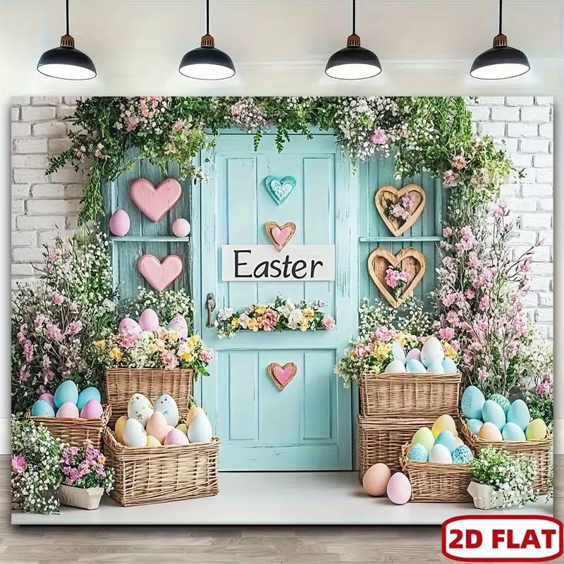 

2D Rustic Easter Door Backdrop - Pastel Eggs Basket & Heart Decor Photography Background for Holiday Events 47.2x31.5inch/120*80cm