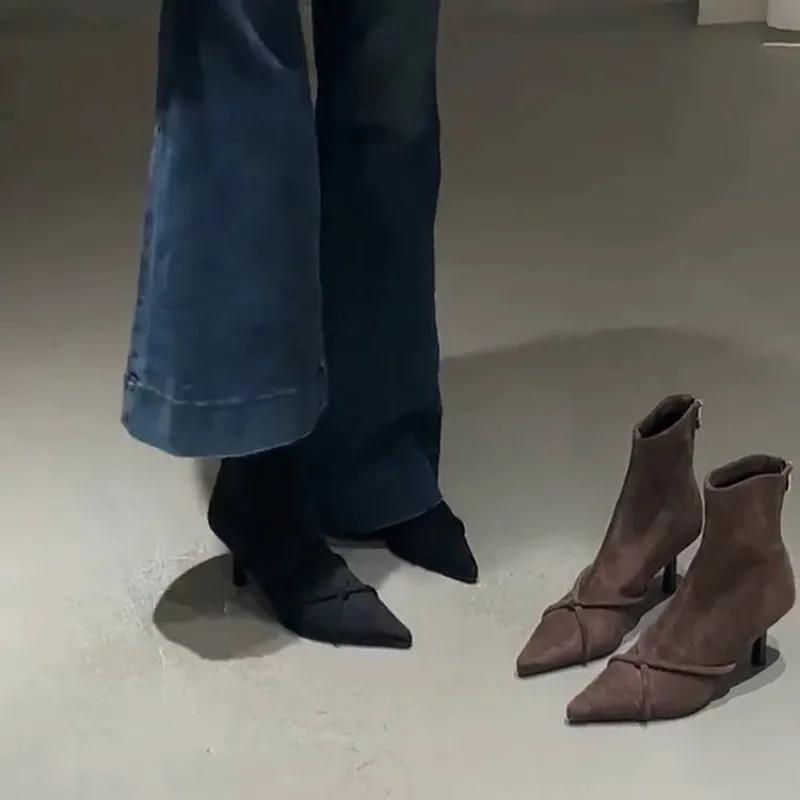 Vintage Women Ankle Boots Fashion Pointed Toe Thin High Heels Shoes Party Prom Elastic Slim Botas Para Mujer 2026 New