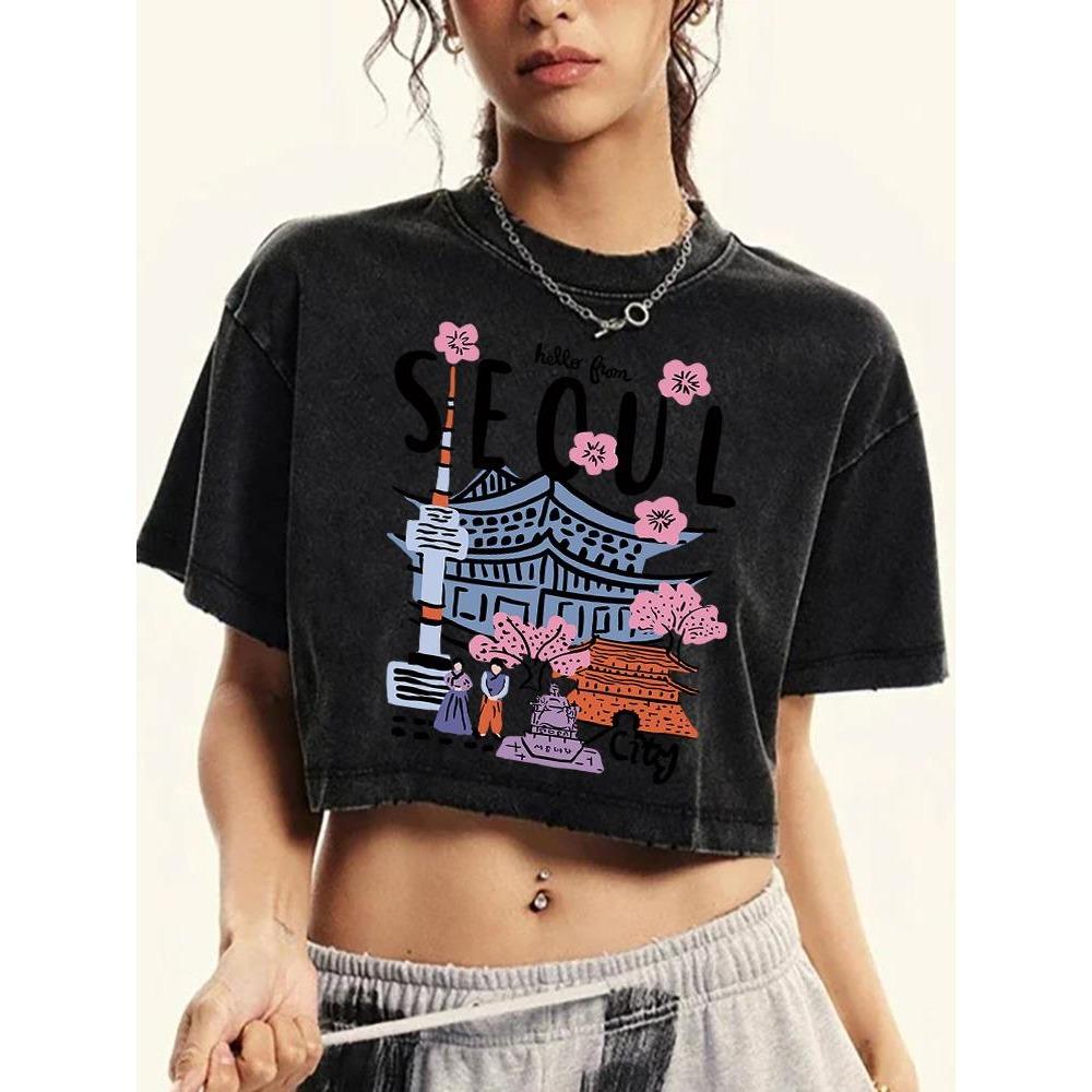 Seoul Beautiful Scenery Printing Female Washed Short T Shirts Breathable T-Shirt Street Clothes Distress Tshirts
