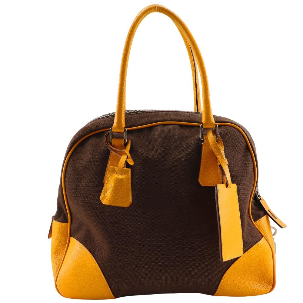 Prada Mini Boston Tote Bag Brown Canvas Women Used