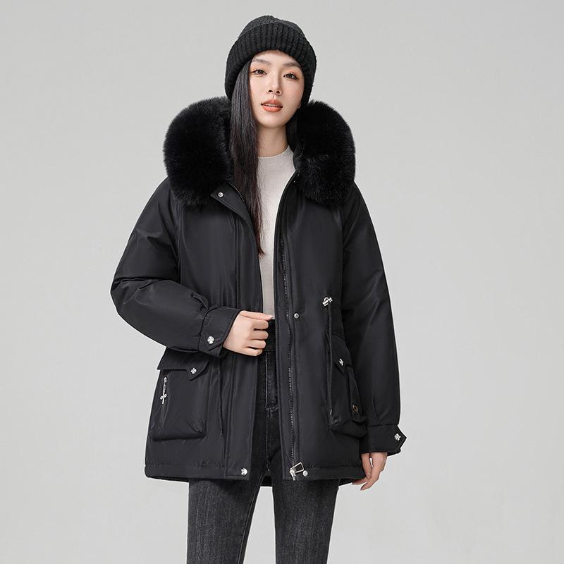 Women's Hair Collar Hooded Windproof Lightweight Thickened Fluffy Warm Warm Cold Medium-length Casual Sports Jacket Parka Cotton Jacket
