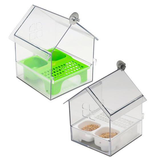 Pull-Out External Parrot Feeder Window Mounted Birds House with Two Food Slots Transparent Parrot House with Water Catcher Tray