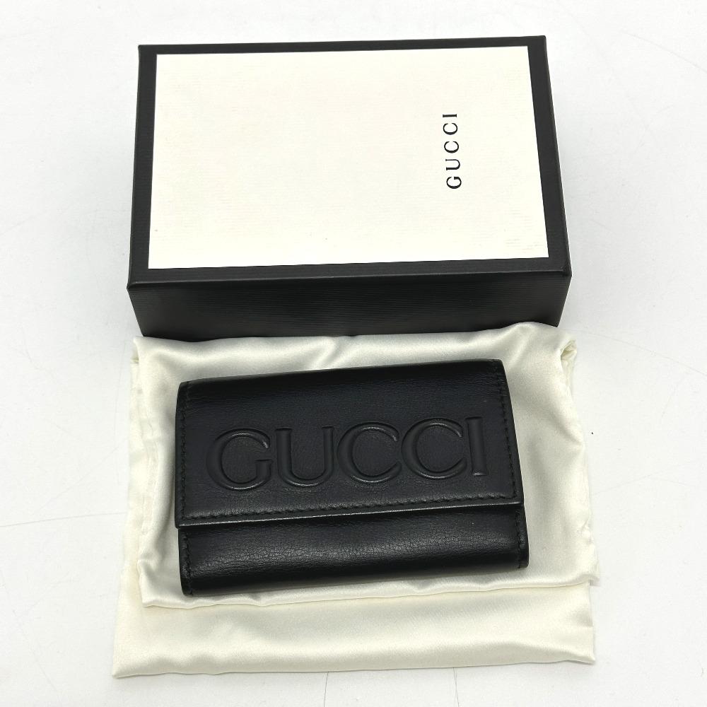 Gucci 428781 Embossed Logo Key Holder Key Ring 6 Rings Key Case Leather Black