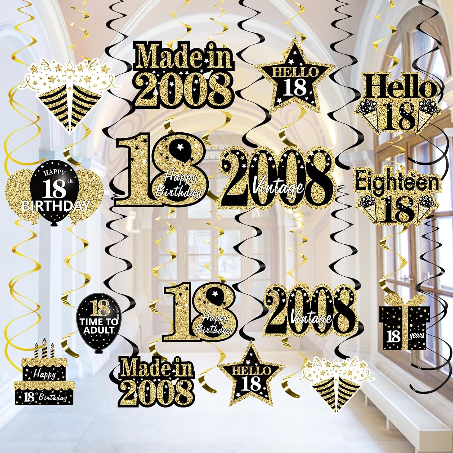 50th Birthday Decorations Hanging Swirls for Men Women, Black Gold Vintage 1976 50th Birthday Foil Swirls Party Supplies, Fifty Year Old Birthday Black Gold 18th