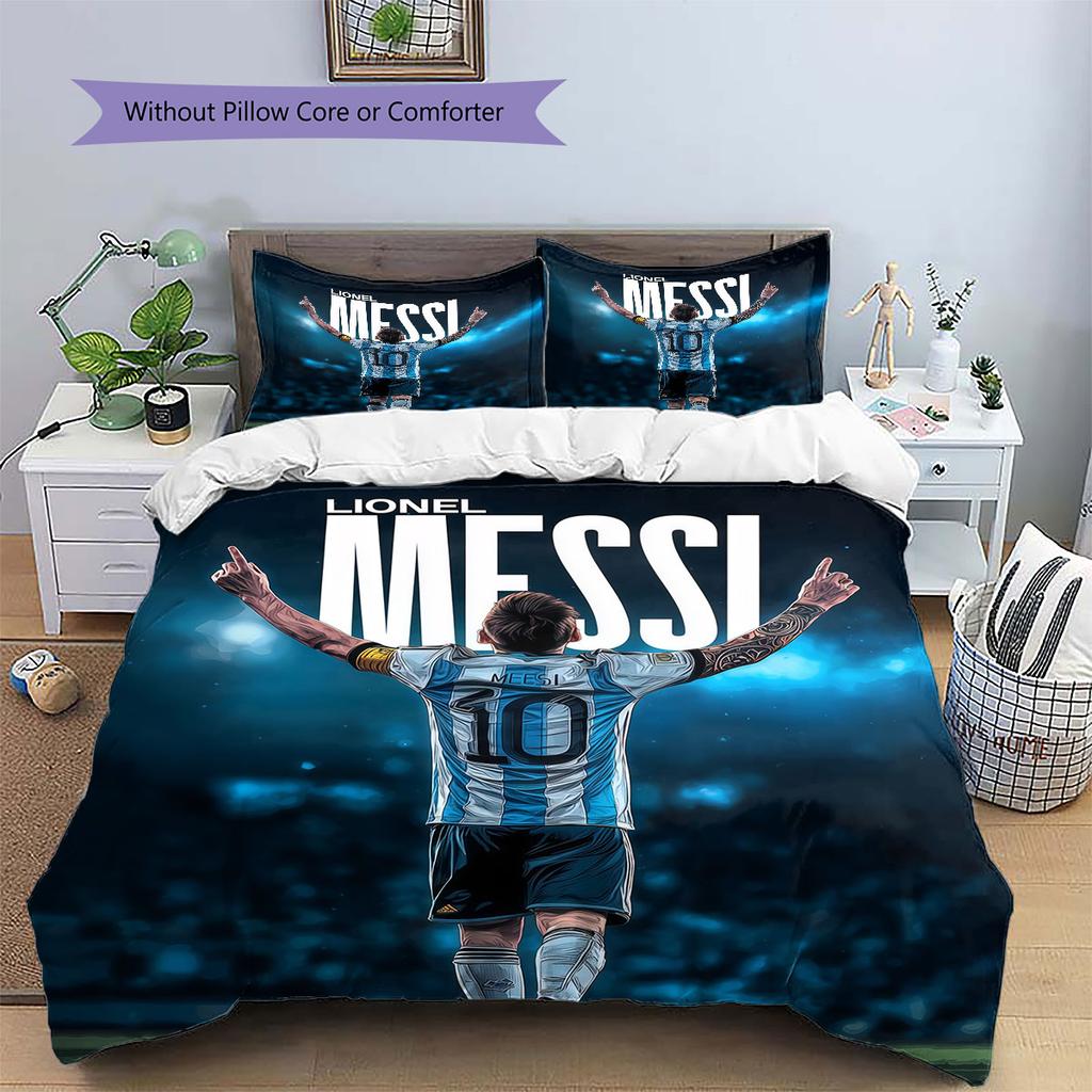 Lenjerie de pat cu model Lionel Messi Decorațiuni pentru casă Cadou de ziua de naștere (1 * husă de pilotă + 2 * fețe de pernă, fără miez),merchandise pentru fani.