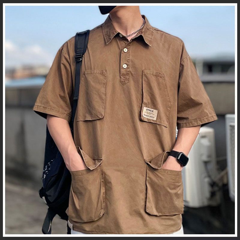 Summer Japanese Polo Shirt Short Sleeved Polo Collar T-shirt Men's Trendy Brand High End Pi Shuai Multi Pocket Shirt Top