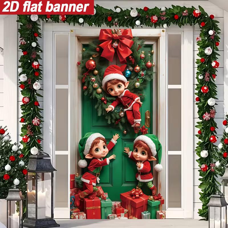 

2D Elf Christmas Door Cover, Cute Elves & Gifts Holiday Decoration 47.2x31.5inch/120*80cm