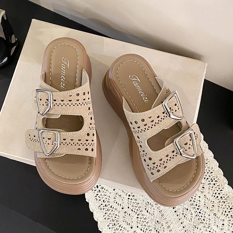 Belt Buckle Hollow Slippers Women's 2025 Summer One-pedal Fashion One-word Drag Casual Beach Women's Shoes