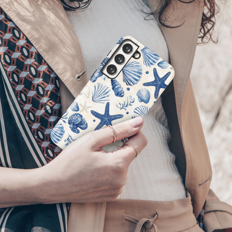 Blue Nautical Coastal Beach Starfish and Seashells Phone Case for IPhone 17 16 15 14 13 12 Pro Samsung Galaxy S25 S24 S23 S22