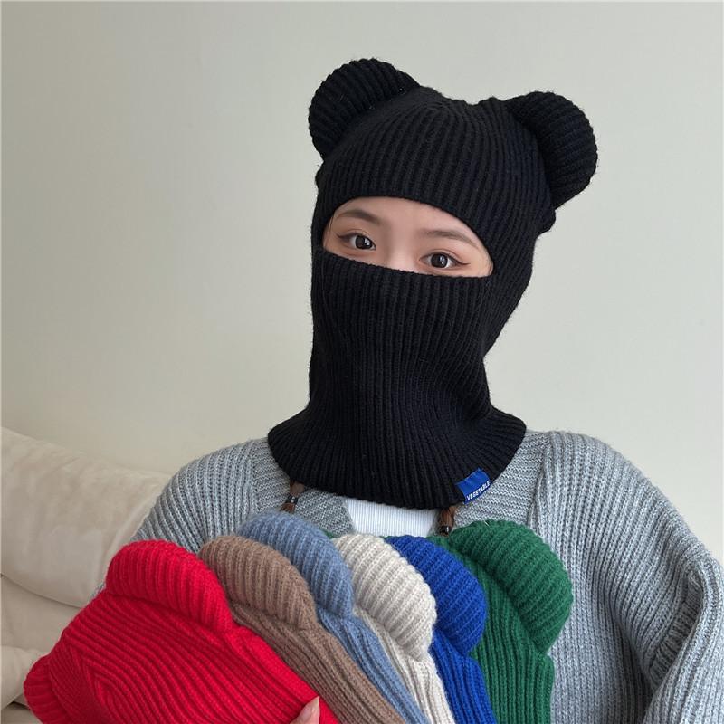 Cappello Pullover di Lana Autunno e Inverno Bambini Orecchie d'Orso Cappello Termico a Maglia Copricapo Antivento per Equitazione all'Aperto Sciarpa Integrata