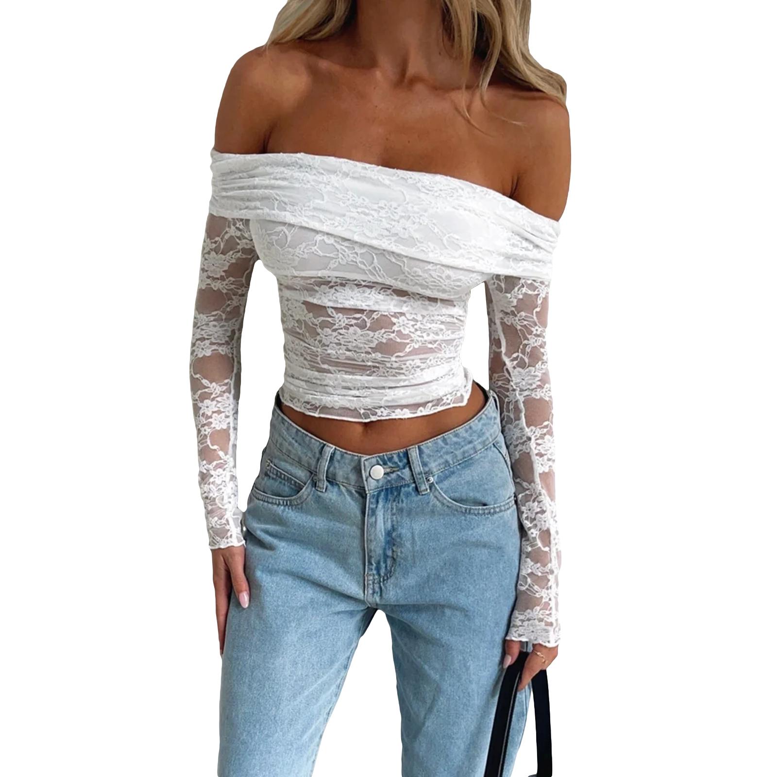 

Женская весна-лето кружевные топы с длинным рукавом и открытыми плечами облегающая укороченная футболка L слоновая кость