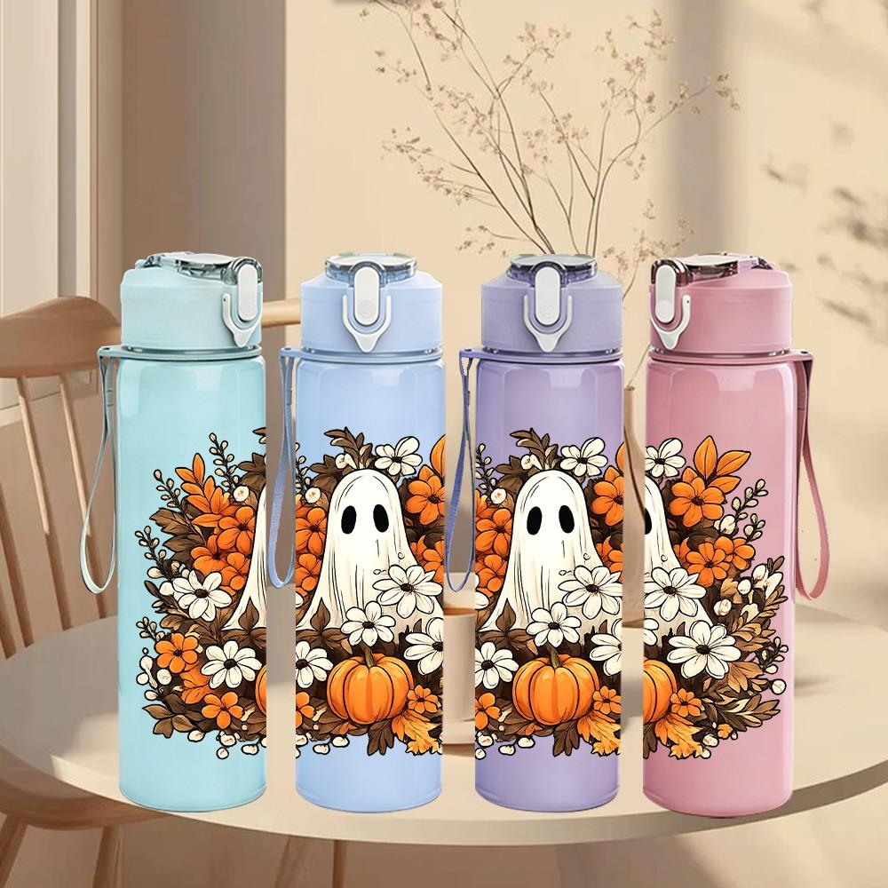 1PC Pumpkin Ghost Autumn Art Print 750ml Color Plastic Sports Water Bottle Leakproof Flip Straw Lid Suitable for Sports Office Home Use
