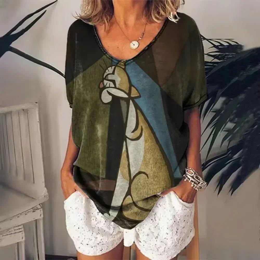 Retro frauen T Shirt Anime Katze Grafik Mädchen Kleidung Sommer V-ausschnitt Kurzarm Tees Weibliche Harajuku Streetwear Übergroße Bluse