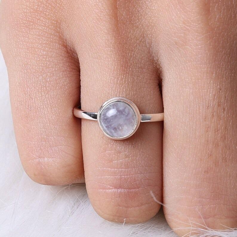 Rainbow Moonstone Round Gemstone Ring, Stacking Ring, Gift For Her, Birthday Gift, Bezel Ring, Handmade Ring, 925 Sterling Silver