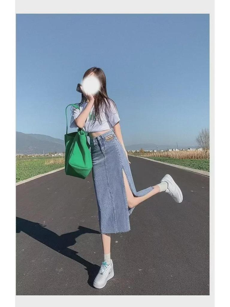 Women's Summer Light Blue High-Waist A-Line Denim Skirt with Split